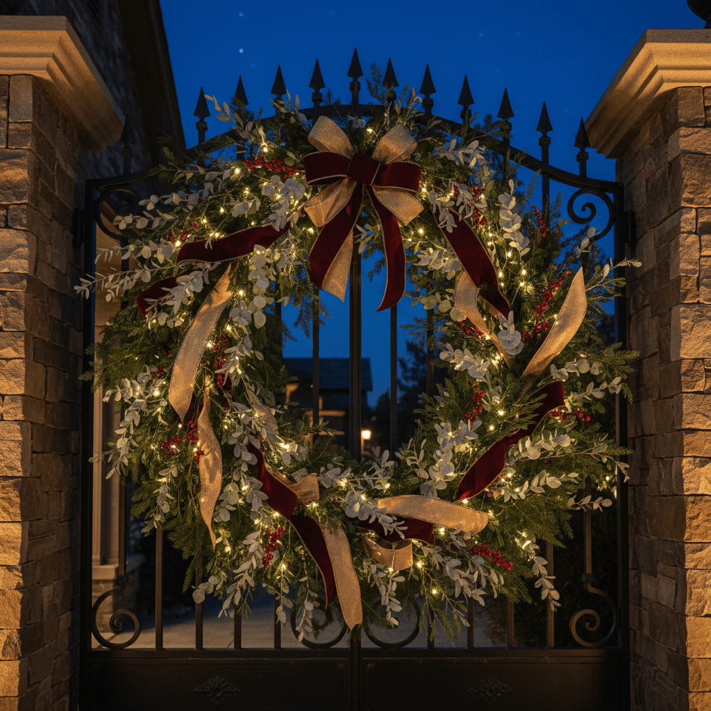 Luxury residential gate decorated with custom holiday garland, warm white lighting, and burgundy accents