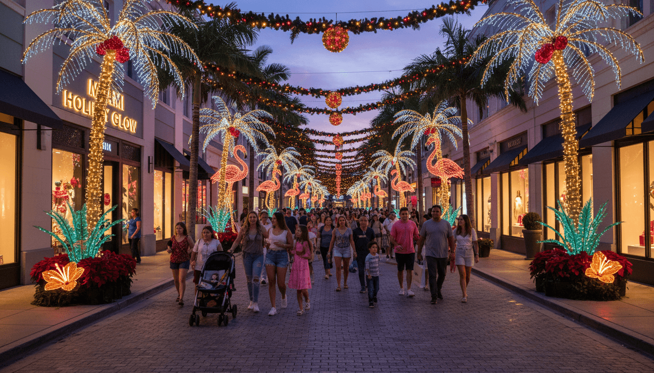 Festively decorated Miami street at dusk with vibrant holiday lights, garlands, and a diverse crowd of holiday shoppers