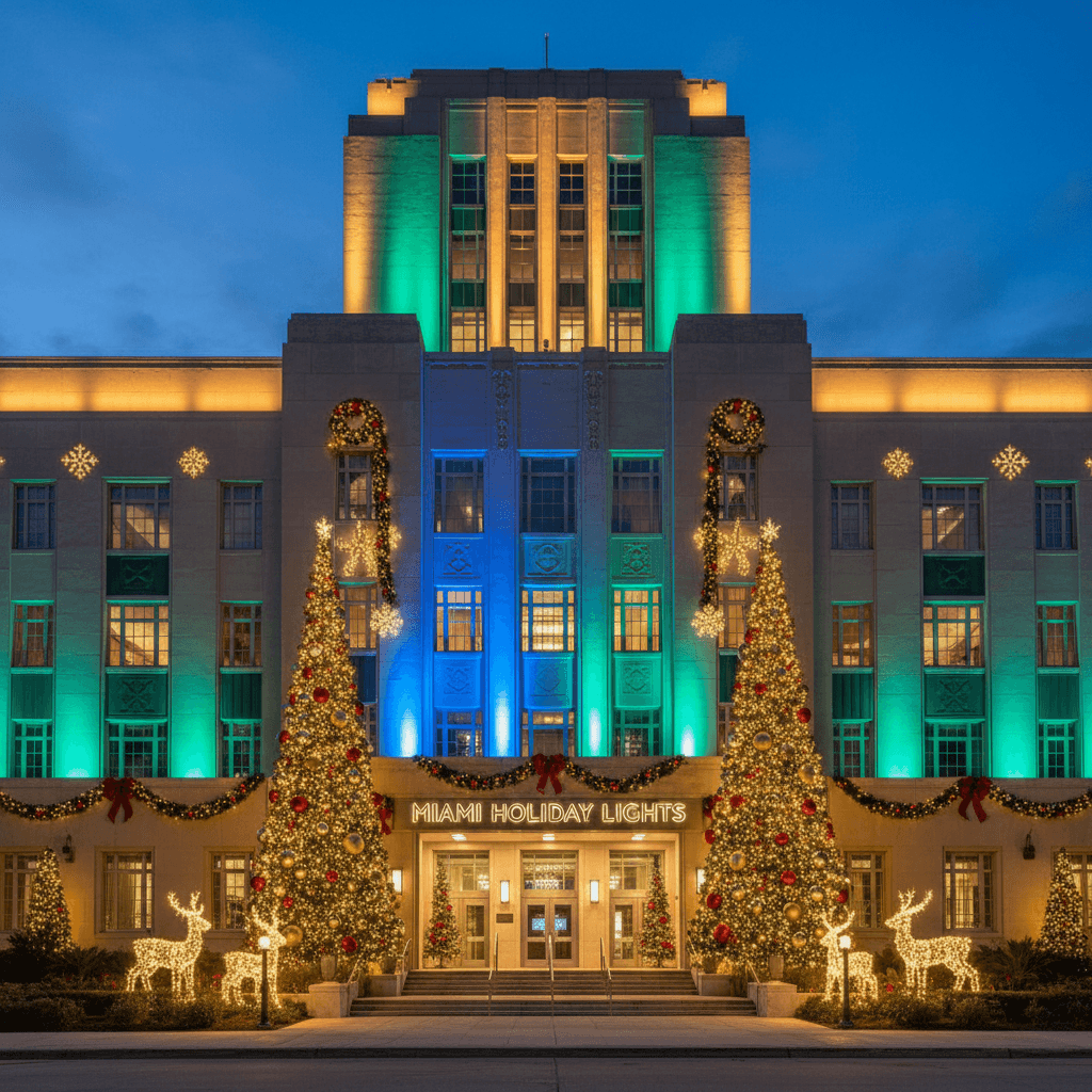 Complete municipal building holiday lighting transformation at dusk, showing coordinated multi-element design and large-scale scope