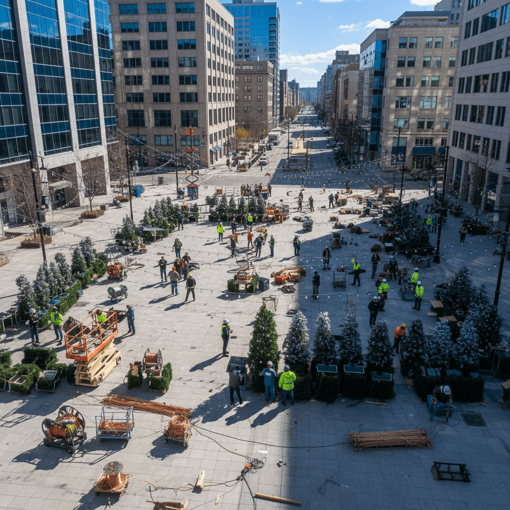 Municipal plaza holiday installation project in progress, showing professional installation team and large-scale setup