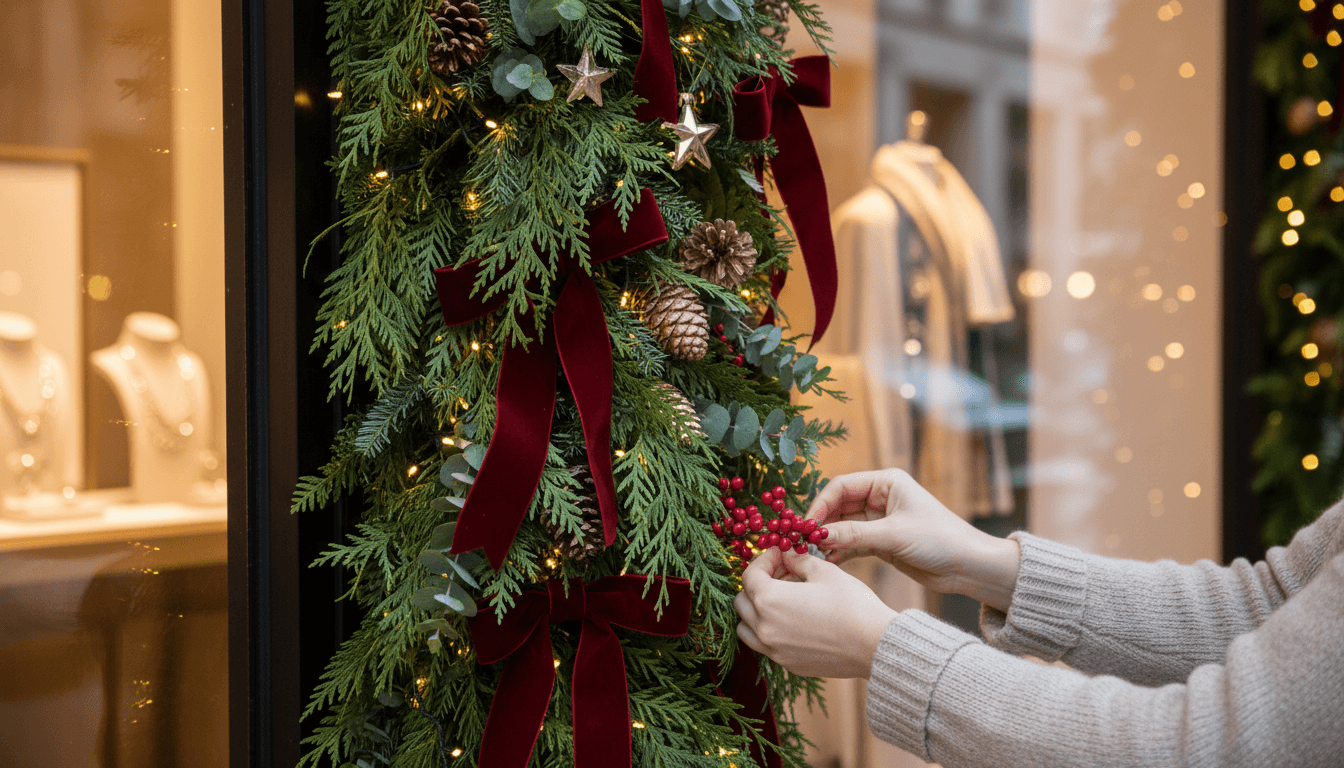 Seasonal greenery and garland installation with integrated lighting