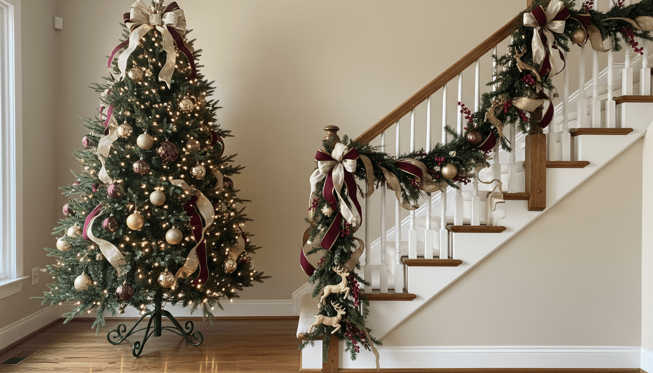 Elegantly decorated residential entryway with full Christmas tree, coordinating garland, warm white lights, and gold accents in natural light